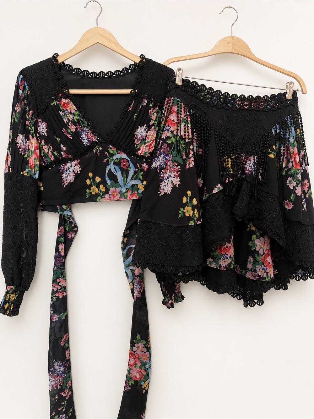 Viviana Flower Print Embroidery Blouse + Ruffles Mini Skirt Casual 2 Piece Set